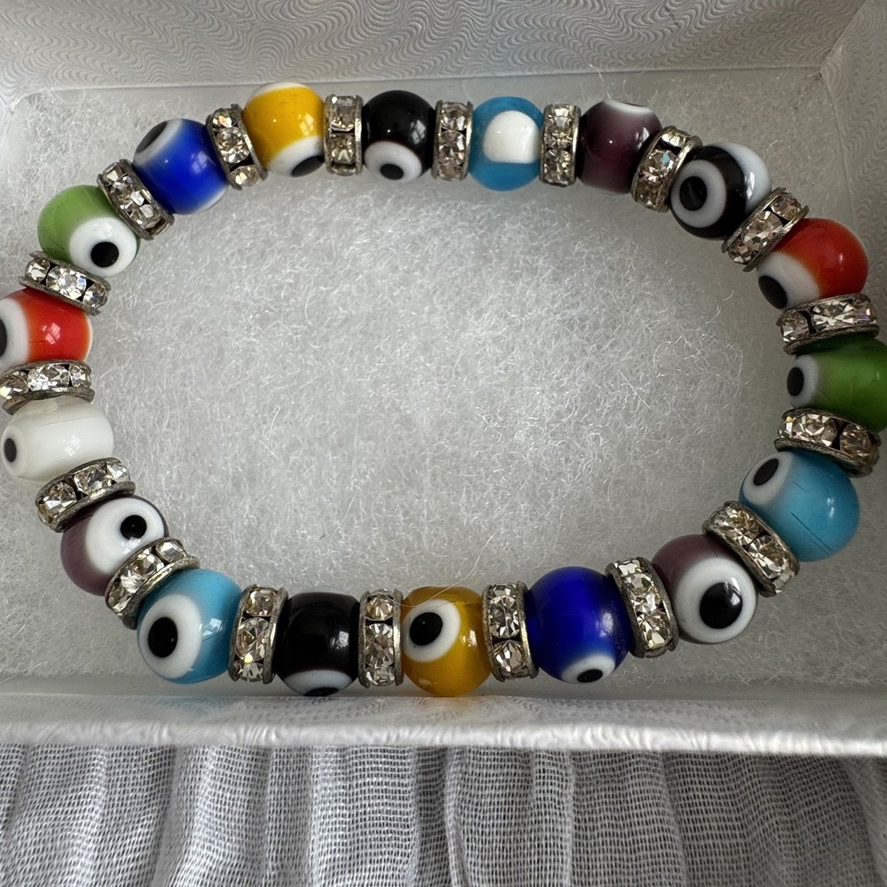 Turkish Evil Eye Crystal 10MM Multicolor Glass Bead Stretch Bracelet